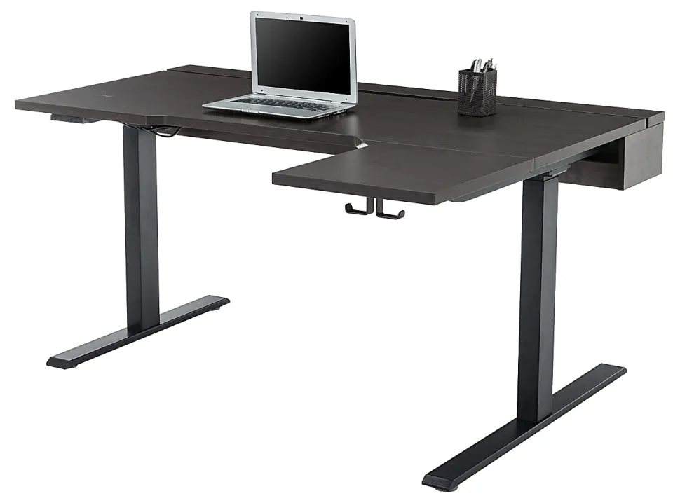 Realspace® Koru Electric 59"W L-Shaped Height-Adjustable Standing Desk with Integrated Power & Charging, Espresso Oak