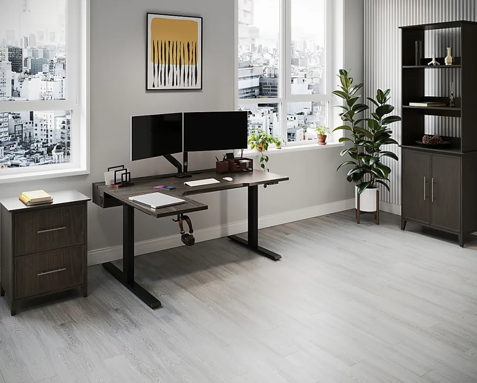 Realspace® Koru Electric 59"W L-Shaped Height-Adjustable Standing Desk with Integrated Power & Charging, Espresso Oak
