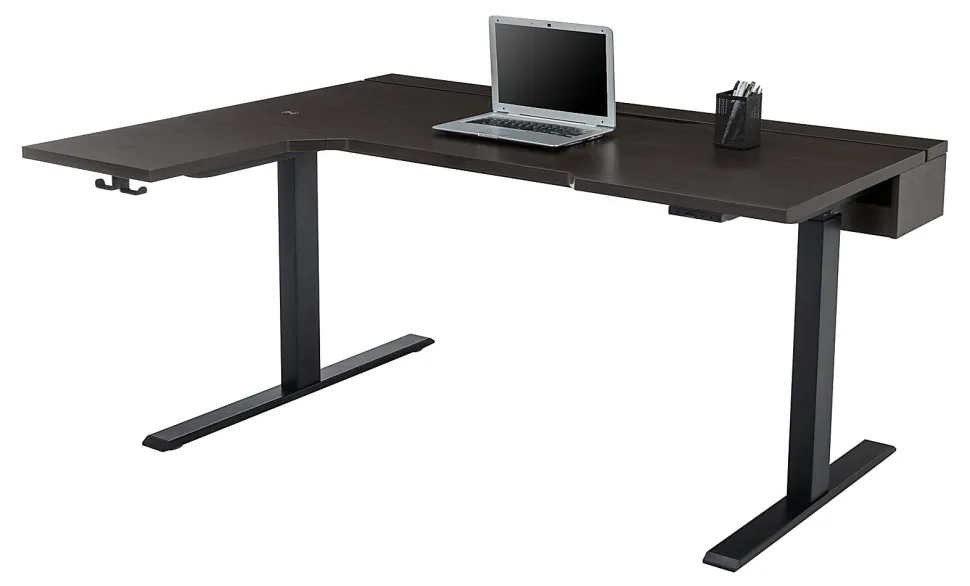 Realspace® Koru Electric 59"W L-Shaped Height-Adjustable Standing Desk with Integrated Power & Charging, Espresso Oak