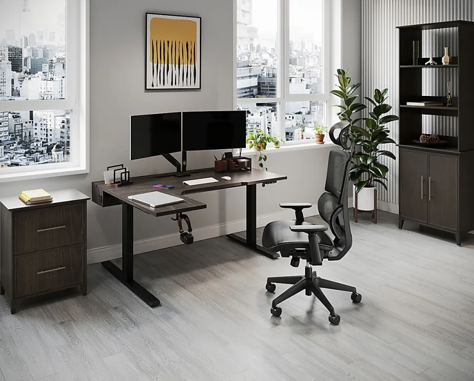 Realspace® Koru Electric 59"W L-Shaped Height-Adjustable Standing Desk with Integrated Power & Charging, Espresso Oak
