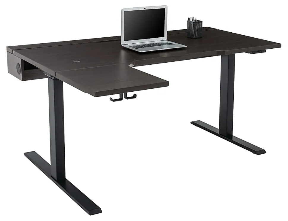 Realspace® Koru Electric 59"W L-Shaped Height-Adjustable Standing Desk with Integrated Power & Charging, Espresso Oak