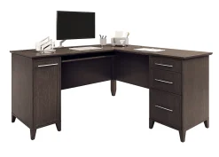 Realspace® Koru 60"W L-Shaped Corner Computer Desk With Integrated Power & Charging, Espresso Oak, BIFMA Compliant