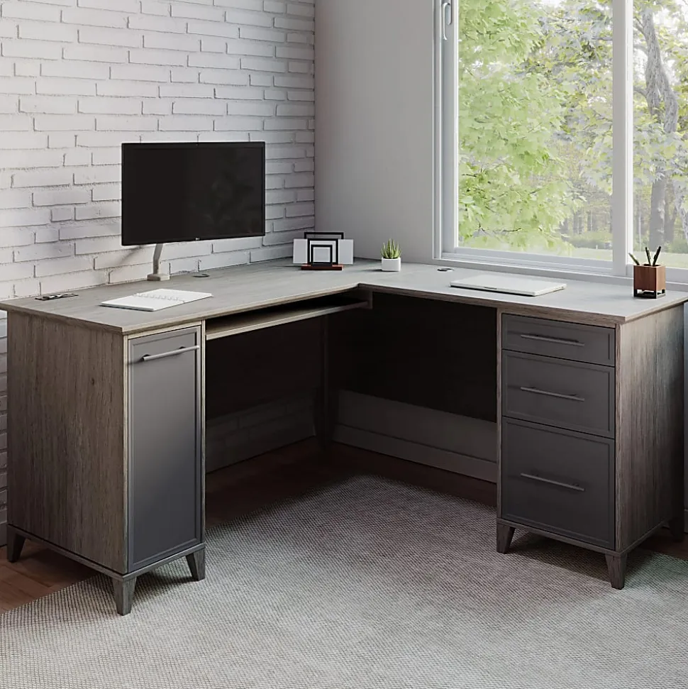 Realspace® Koru 60"W L-Shaped Corner Computer Desk With Integrated Power & Charging, Two-Tone Slate/Gray Oak, BIFMA Compliant