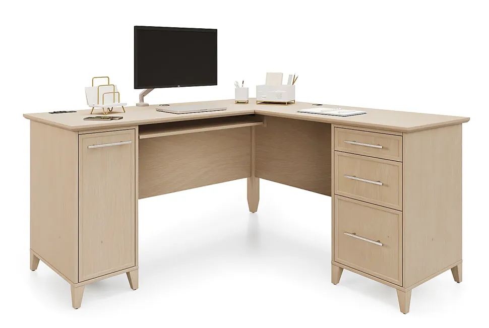 Realspace® Koru 60"W L-Shaped Corner Computer Desk With Integrated Power & Charging, Natural Oak, BIFMA Compliant