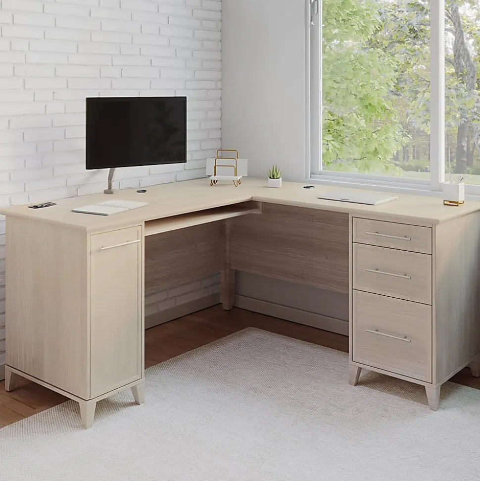 Realspace® Koru 60"W L-Shaped Corner Computer Desk With Integrated Power & Charging, Natural Oak, BIFMA Compliant