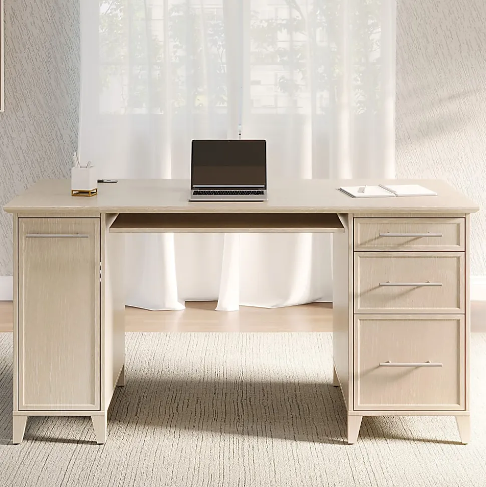 Realspace® Koru 60"W Straight Computer Desk With Integrated Power & Charging, Natural Oak, BIFMA Compliant