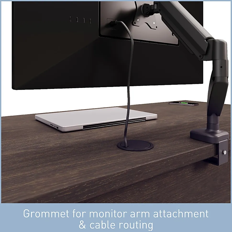 Realspace® Koru 60"W Straight Computer Desk With Integrated Power & Charging, Espresso Oak, BIFMA Compliant