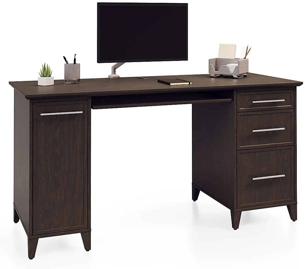 Realspace® Koru 60"W Straight Computer Desk With Integrated Power & Charging, Espresso Oak, BIFMA Compliant