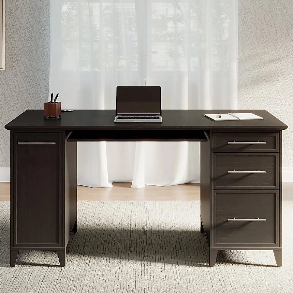 Realspace® Koru 60"W Straight Computer Desk With Integrated Power & Charging, Espresso Oak, BIFMA Compliant