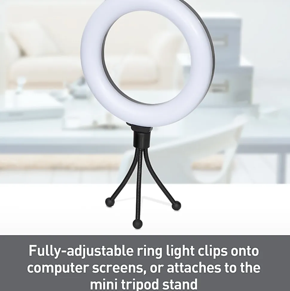 Realspace™ 6" LED Ring Light With Clip-On Monitor Mount Or Tripod Stand, Adjustable, 9-5/8"H, Black