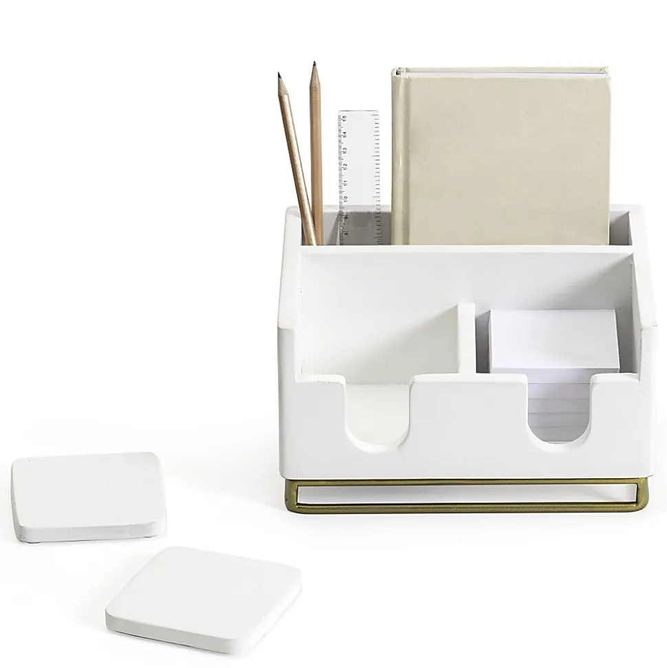 Realspace® Luna Wood/Metal Desktop Organizer With Coasters, 8-3/4" x 7", White/Gold