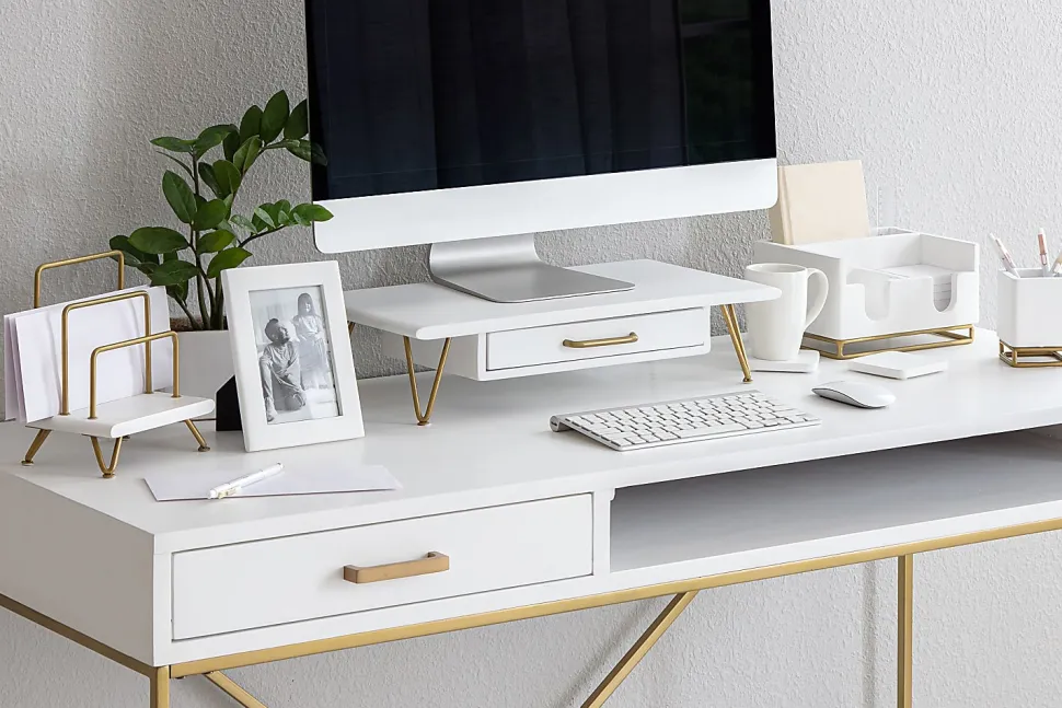 Realspace® Luna Wood/Metal Letter Sorter, 8"H x 7-1/2"W x 5"D, White/Gold