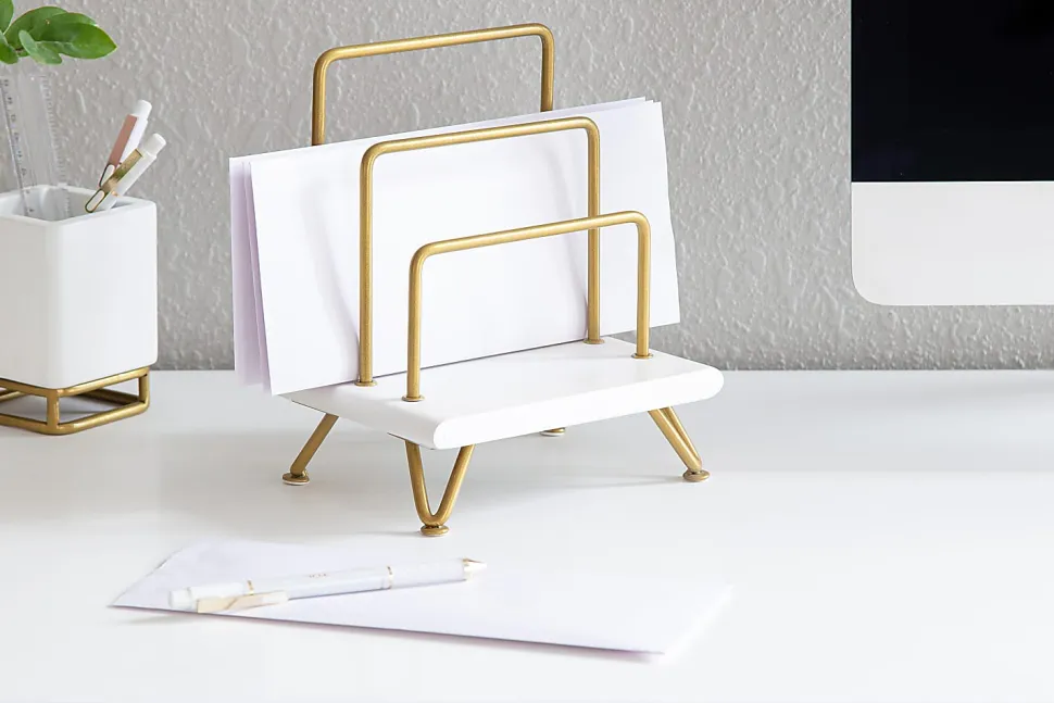 Realspace® Luna Wood/Metal Letter Sorter, 8"H x 7-1/2"W x 5"D, White/Gold