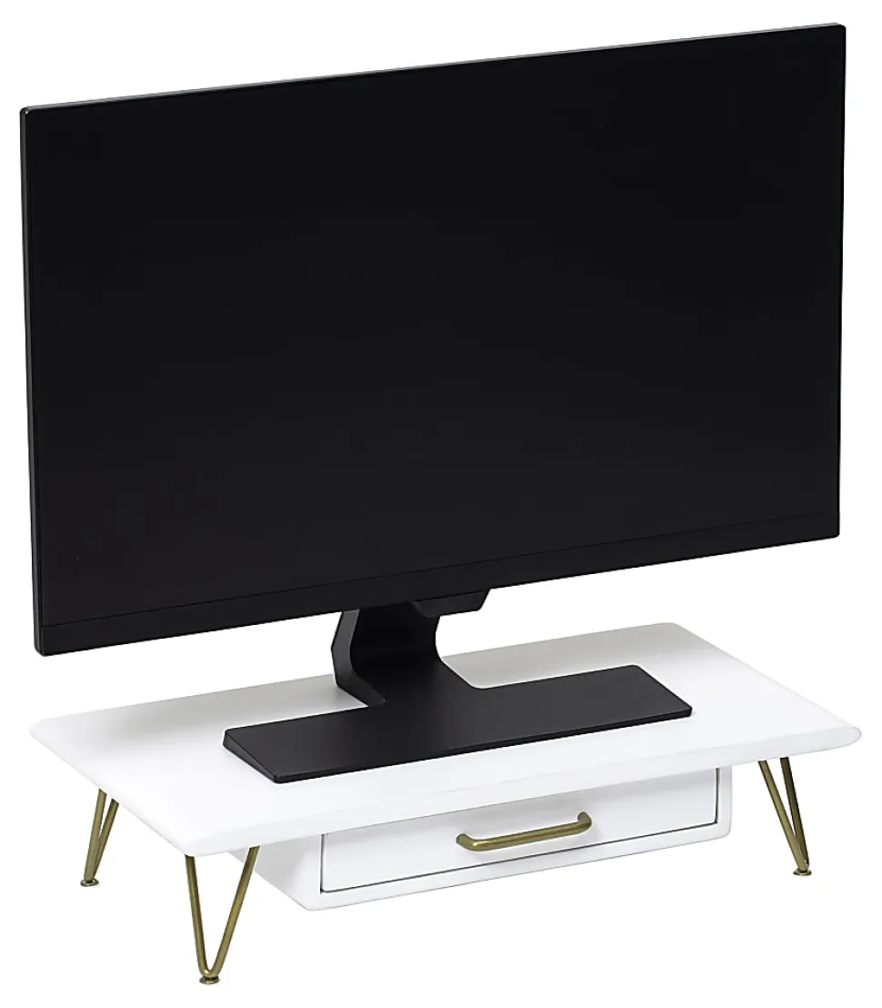 Realspace® Luna Wood/Metal Monitor Stand With Drawer, 4-3/4"H x 20-1/4"W x 10"D, White/Gold