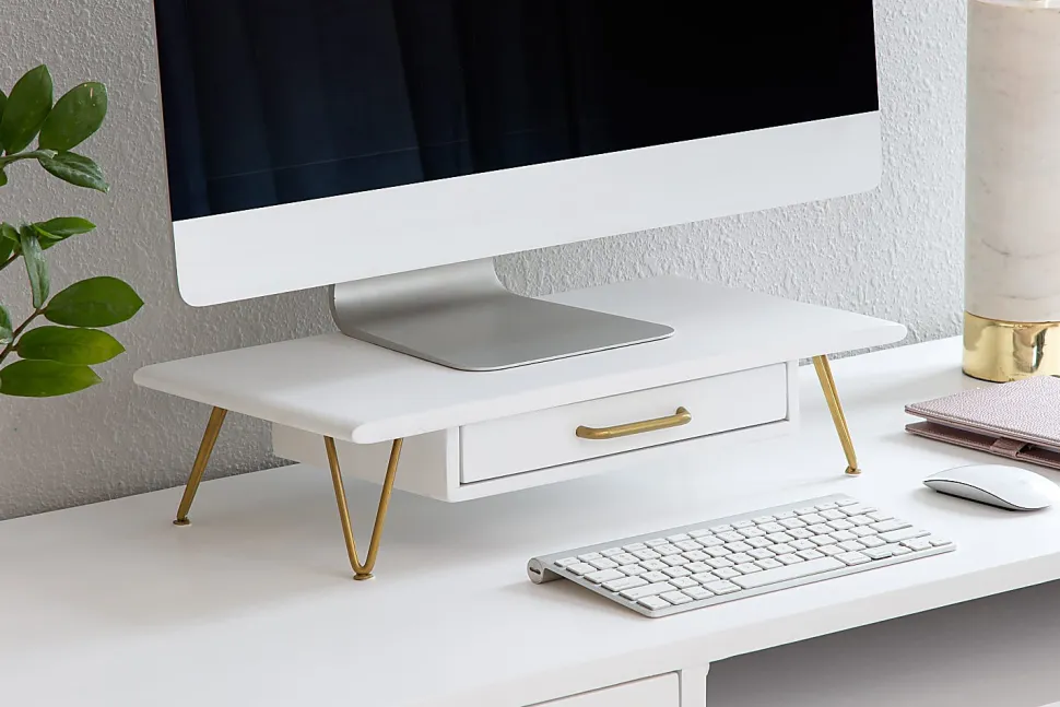 Realspace® Luna Wood/Metal Monitor Stand With Drawer, 4-3/4"H x 20-1/4"W x 10"D, White/Gold