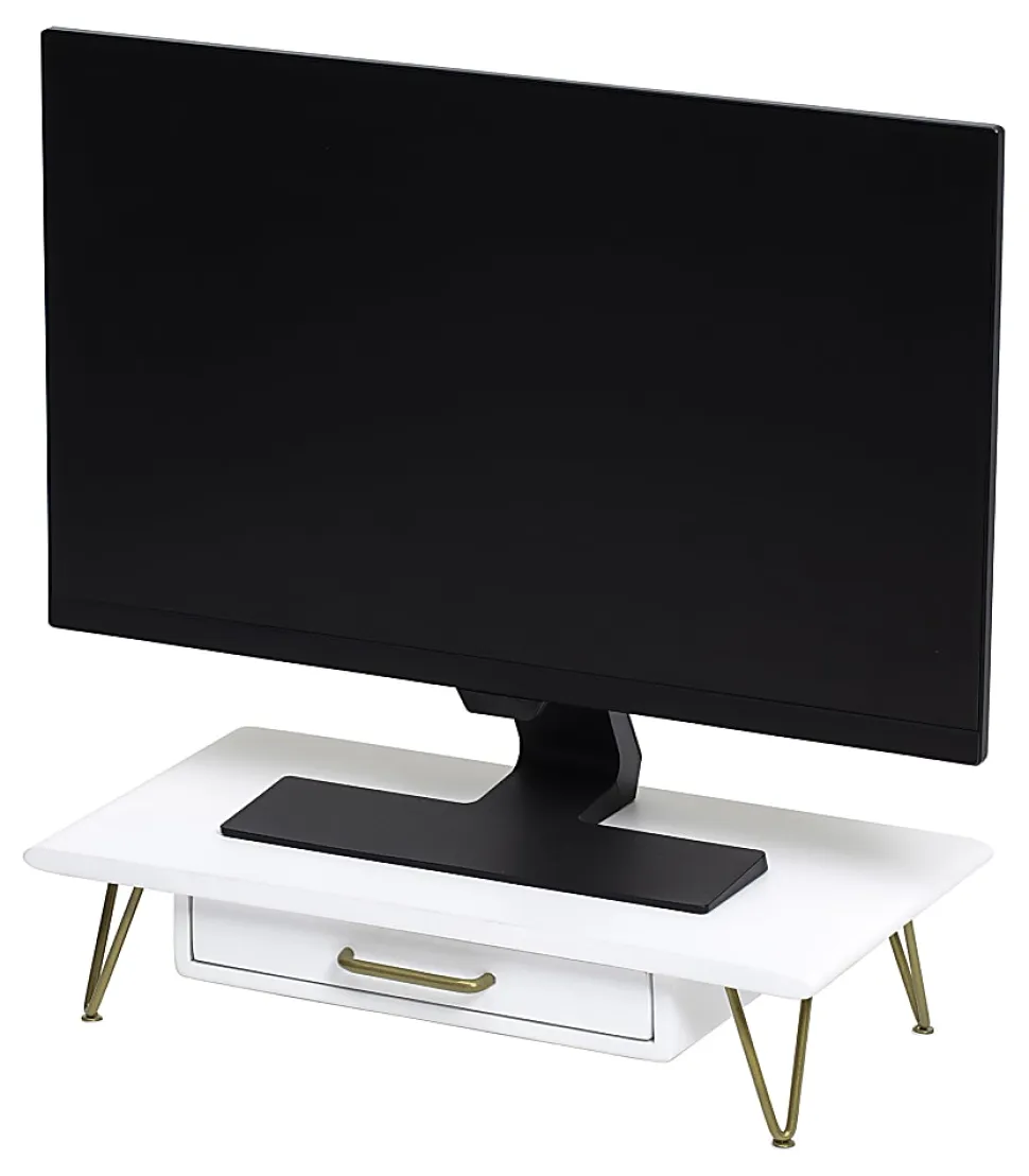 Realspace® Luna Wood/Metal Monitor Stand With Drawer, 4-3/4"H x 20-1/4"W x 10"D, White/Gold