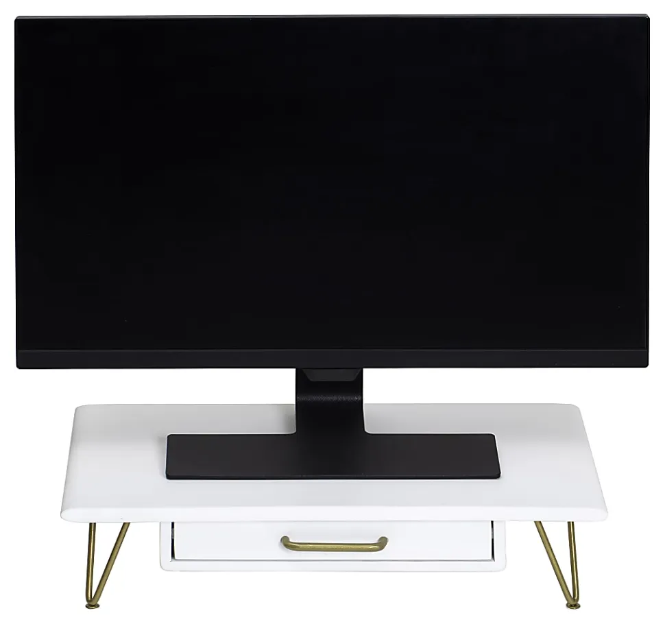 Realspace® Luna Wood/Metal Monitor Stand With Drawer, 4-3/4"H x 20-1/4"W x 10"D, White/Gold