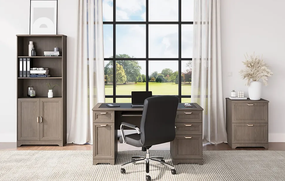 Realspace® Magellan 72"H 5-Shelf Contemporary Bookcase With Doors, Gray/Medium Finish