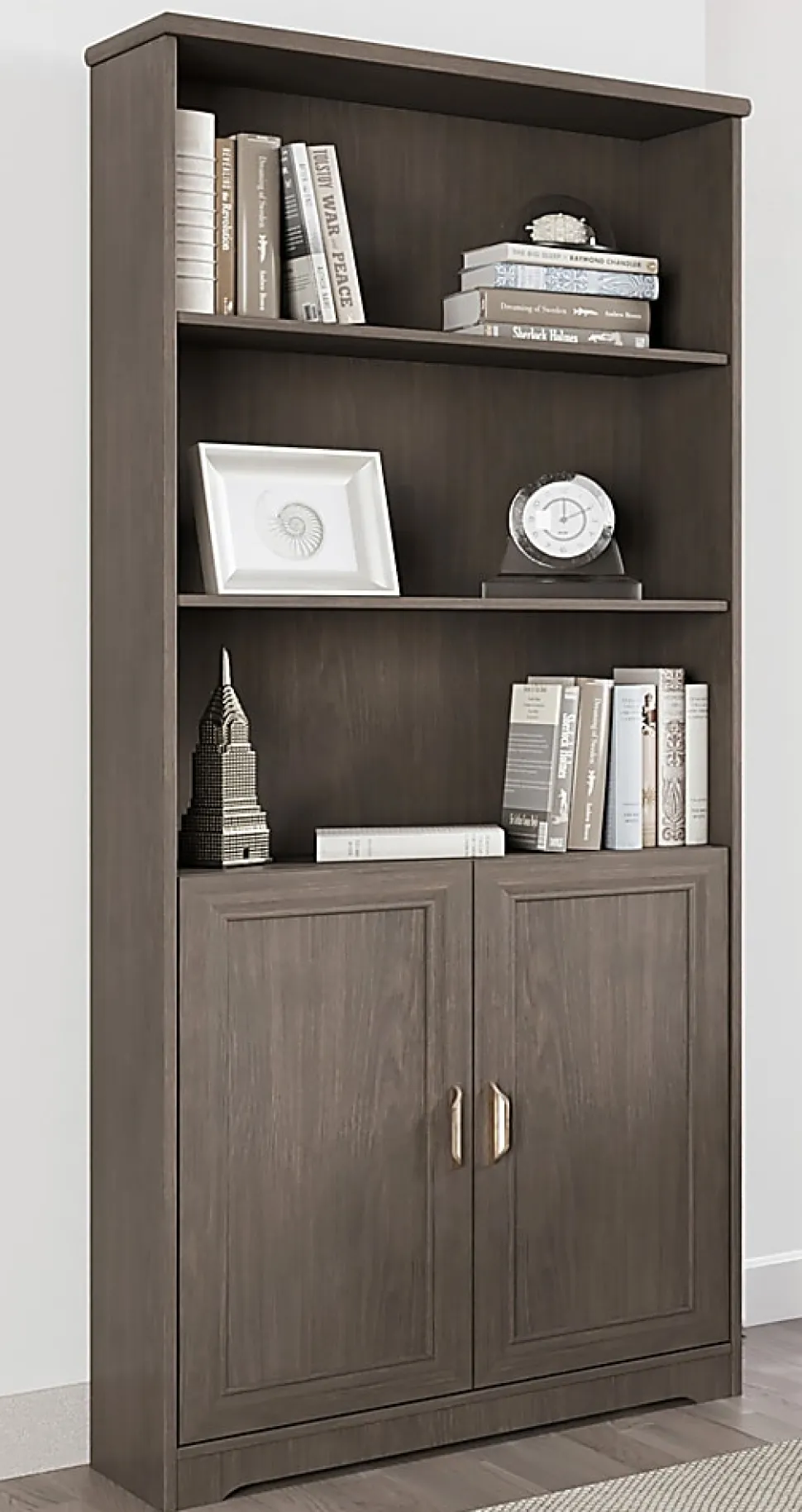 Realspace® Magellan 72"H 5-Shelf Contemporary Bookcase With Doors, Gray/Medium Finish