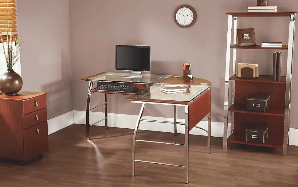 Realspace® Mezza 62"W L-Shaped Corner Desk, Cherry/Chrome