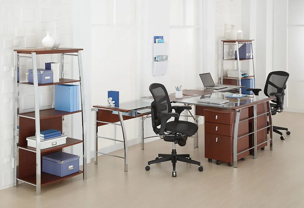 Realspace® Mezza 62"W L-Shaped Corner Desk, Cherry/Chrome