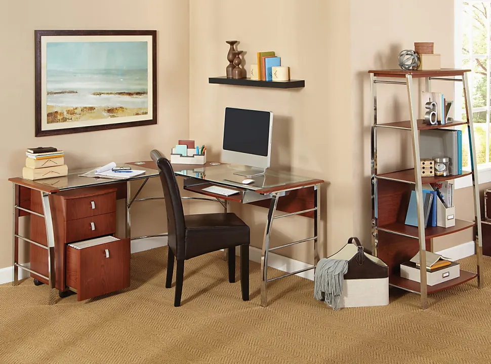 Realspace® Mezza 62"W L-Shaped Corner Desk, Cherry/Chrome