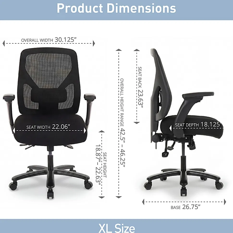 Realspace® MFTC 400 Big & Tall Ergonomic Mesh/Fabric High-Back Chair with Flip-Up Armrests, Black/Black, BIFMA Compliant