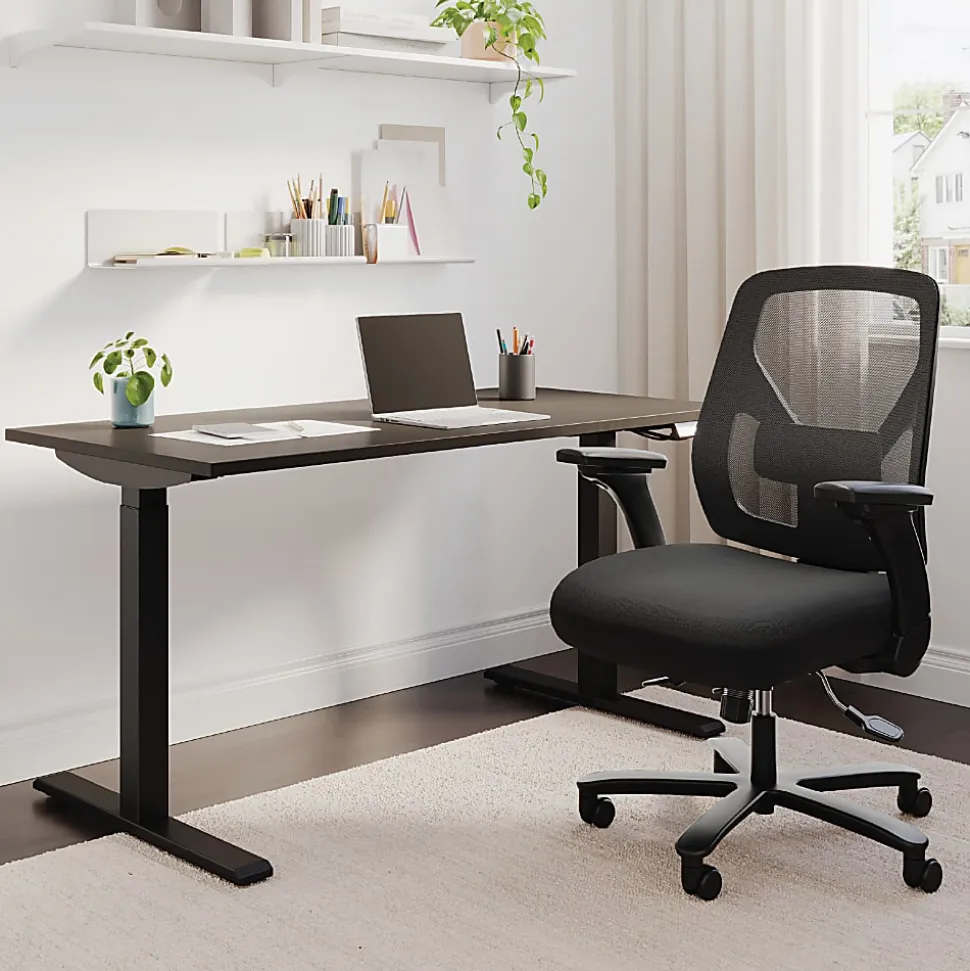 Realspace® MFTC 400 Big & Tall Ergonomic Mesh/Fabric High-Back Chair with Flip-Up Armrests, Black/Black, BIFMA Compliant