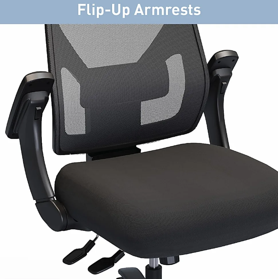 Realspace® MFTC 400 Big & Tall Ergonomic Mesh/Fabric High-Back Chair with Flip-Up Armrests, Black/Black, BIFMA Compliant