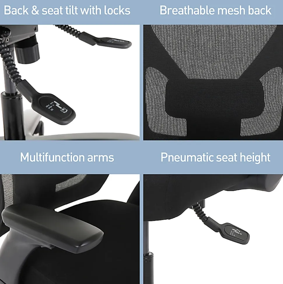 Realspace® MFTC 400 Big & Tall Ergonomic Mesh/Fabric High-Back Chair with Flip-Up Armrests, Black/Black, BIFMA Compliant