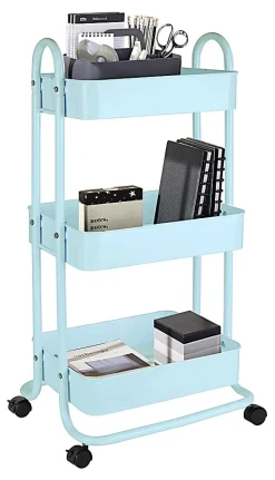 RealspaceĀ® Mobile 3-Tier Storage Cart, 35-5/8"H x 17-15/16"W x 14-5/16"D, Light Blue