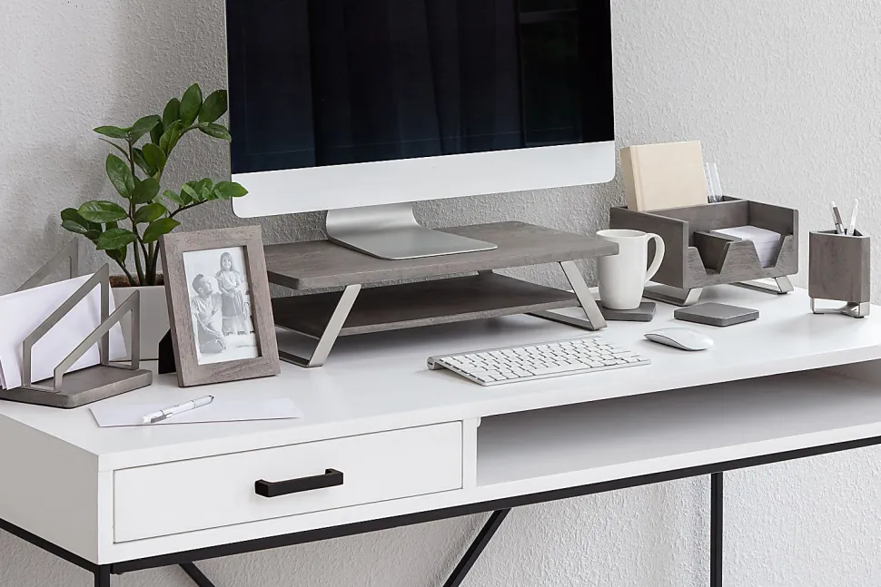 Realspace® Orix Wood/Metal Monitor Stand With Shelf, 5"H x 21-1/2"W x 10"D, Gray/Nickel