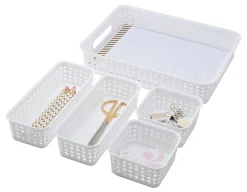 Realspace® Plastic Weave Bins, Assorted Sizes, White, Pack Of 5