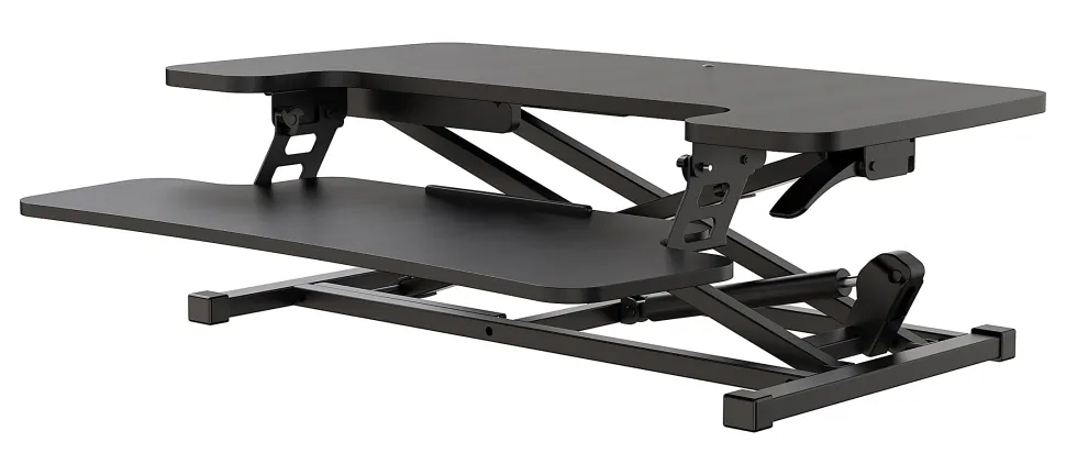 Realspace® P10 Pneumatic Standing Desk Riser Converter With Keyboard Tray, 20"H x 31-1/2"W x 25"D, Black
