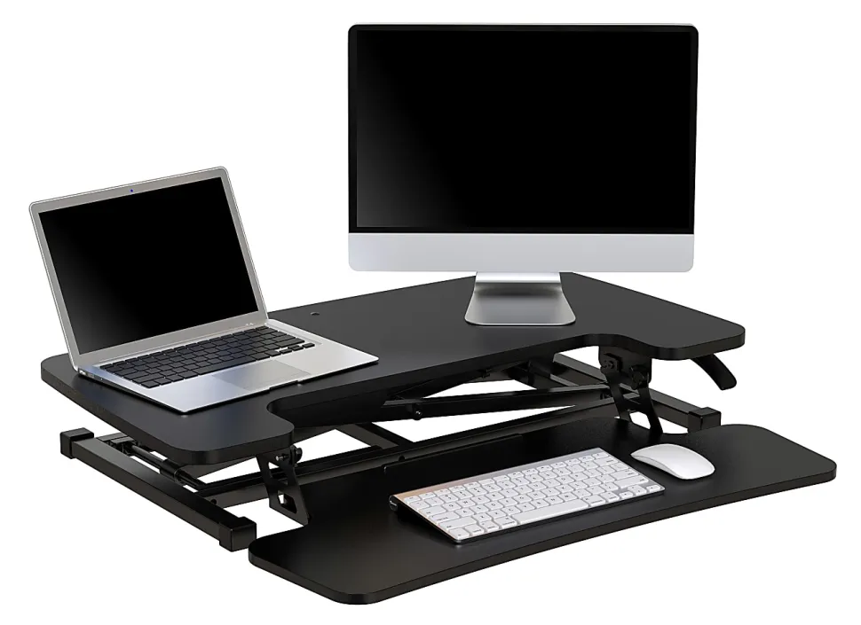 Realspace® P10 Pneumatic Standing Desk Riser Converter With Keyboard Tray, 20"H x 31-1/2"W x 25"D, Black
