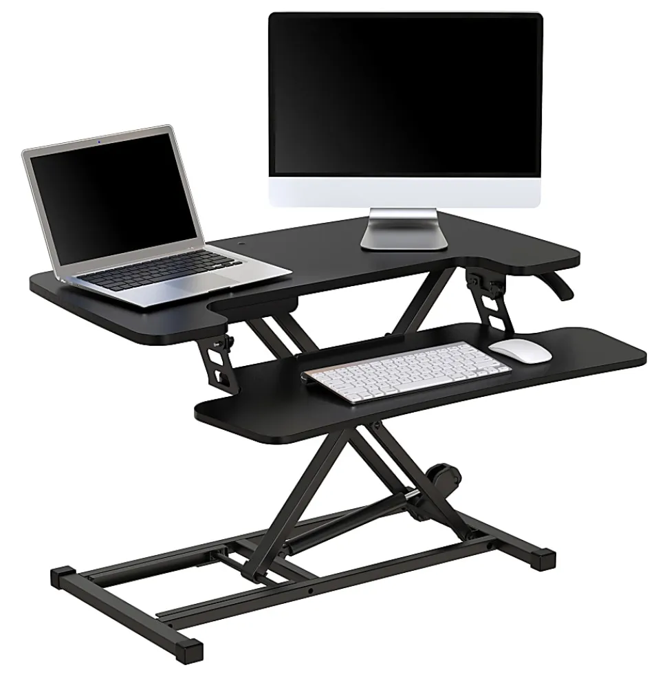 Realspace® P10 Pneumatic Standing Desk Riser Converter With Keyboard Tray, 20"H x 31-1/2"W x 25"D, Black