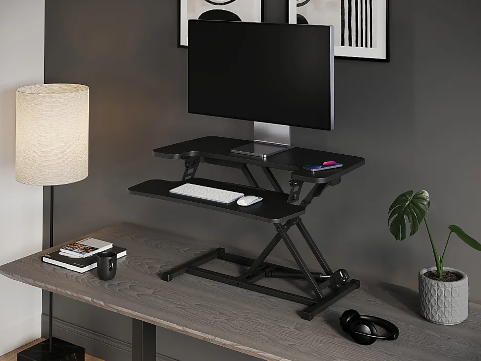 Realspace® P10 Pneumatic Standing Desk Riser Converter With Keyboard Tray, 20"H x 31-1/2"W x 25"D, Black