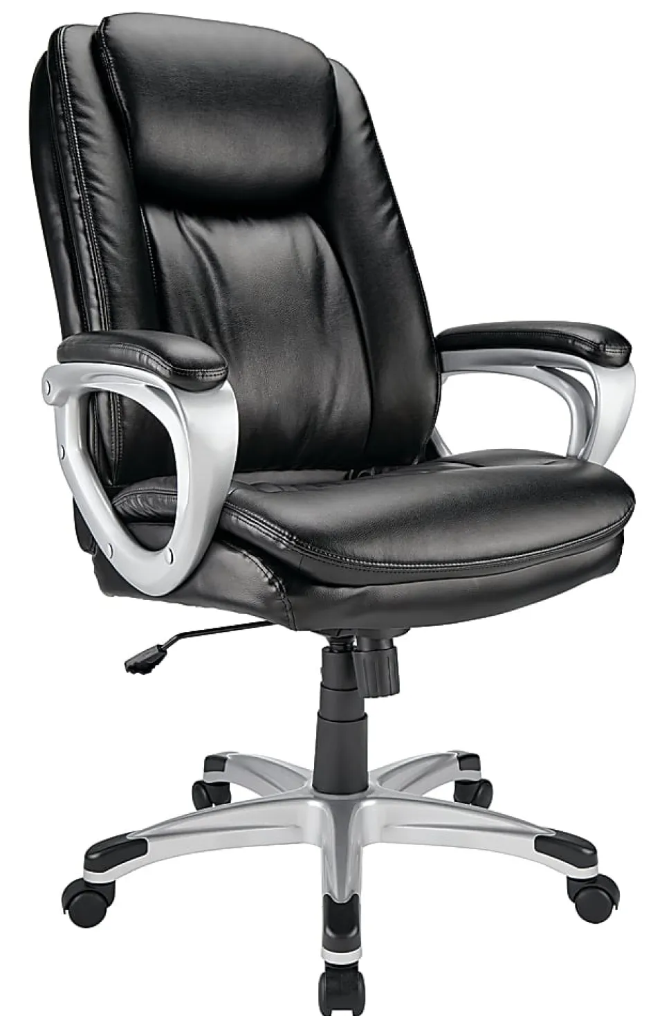 Realspace® Treswell Bonded Leather High-Back Executive Office Chair, Black/Silver, BIFMA Compliant