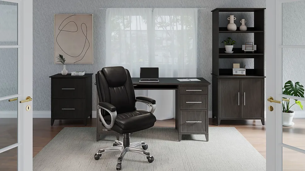 Realspace® Treswell Bonded Leather High-Back Executive Office Chair, Black/Silver, BIFMA Compliant