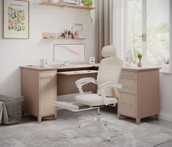 Realspace® Vallori Mesh/Fabric High-Back Chair With Retractable Footrest, Cream/White, BIFMA Compliant