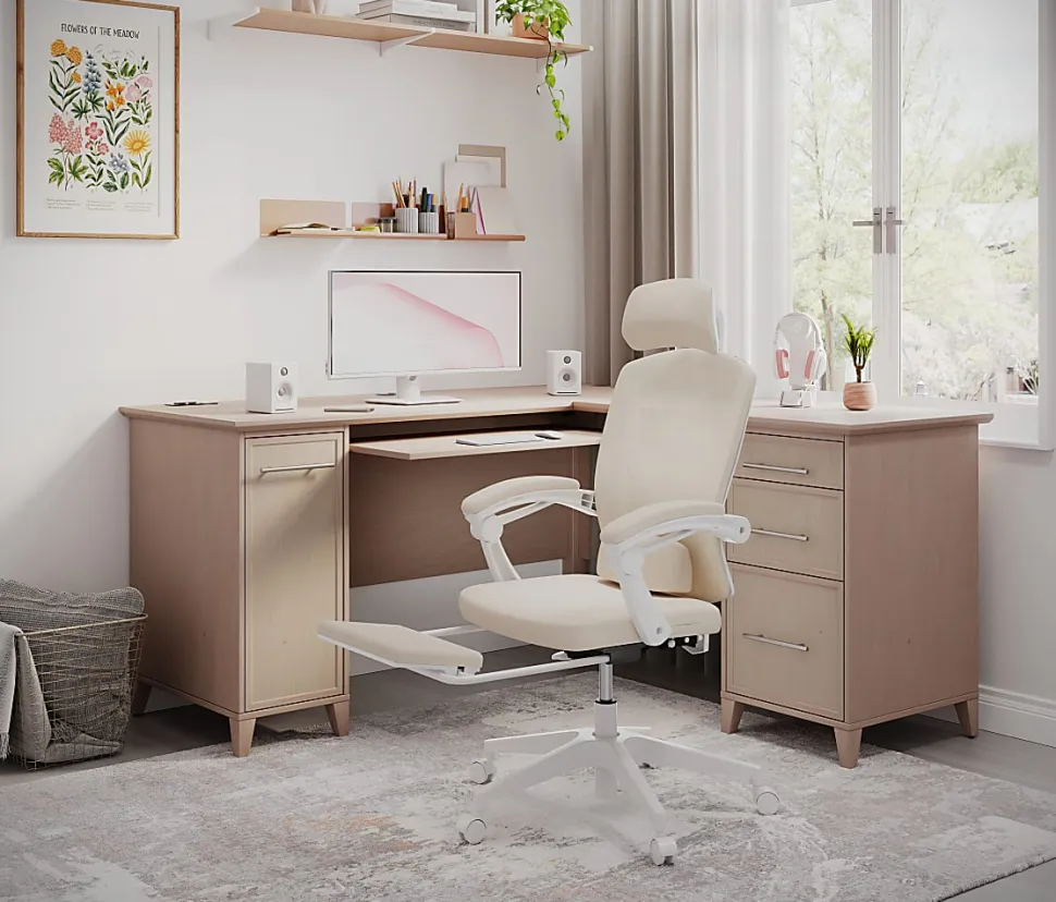 Realspace® Vallori Mesh/Fabric High-Back Chair With Retractable Footrest, Cream/White, BIFMA Compliant