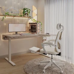 Realspace® Vallori Mesh/Fabric High-Back Chair With Retractable Footrest, Cream/White, BIFMA Compliant
