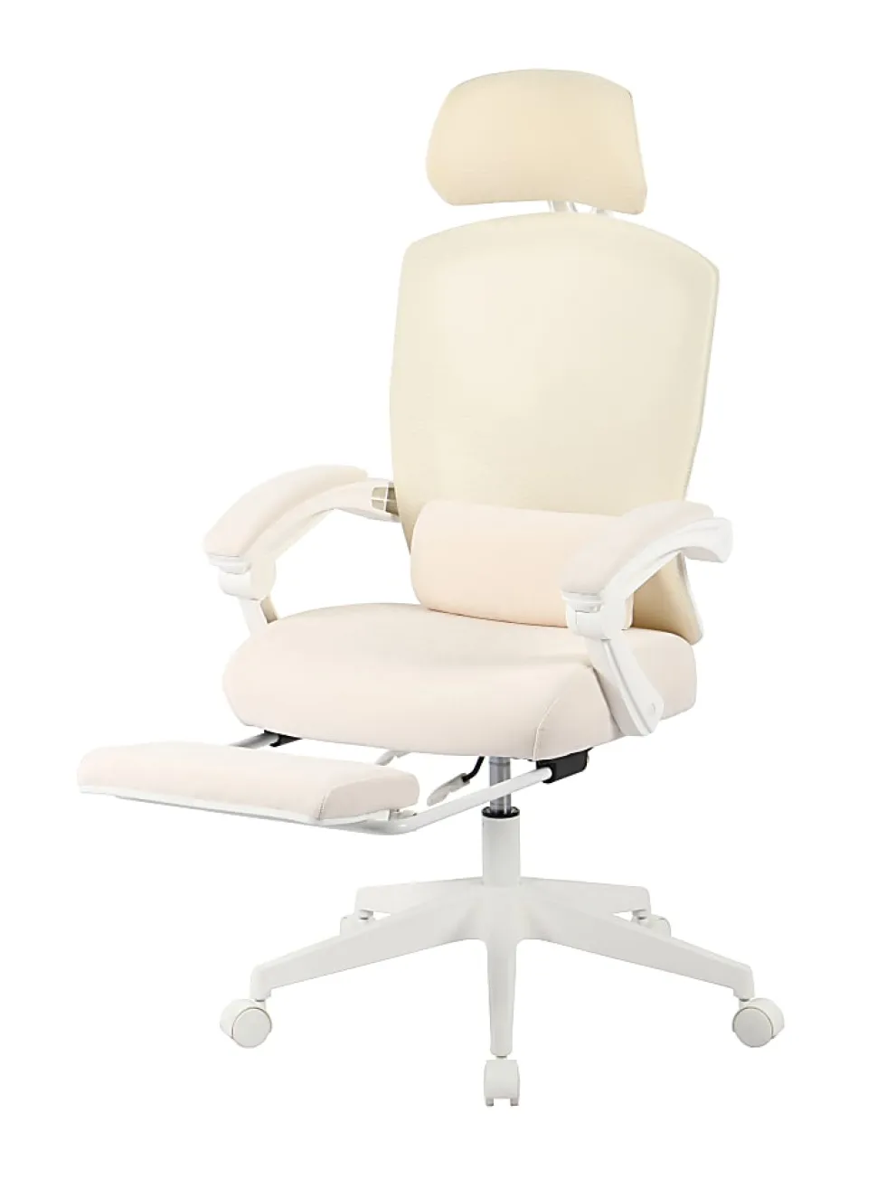 Realspace® Vallori Mesh/Fabric High-Back Chair With Retractable Footrest, Cream/White, BIFMA Compliant