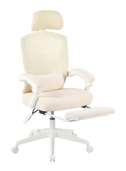 Realspace® Vallori Mesh/Fabric High-Back Chair With Retractable Footrest, Cream/White, BIFMA Compliant