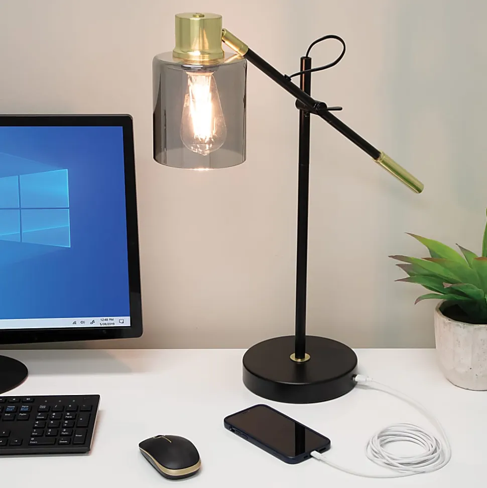 Realspace™ Veretti 23"H Modern Tilt-Arm Lamp, Adjustable, Smokey Gray Shade/Black Base
