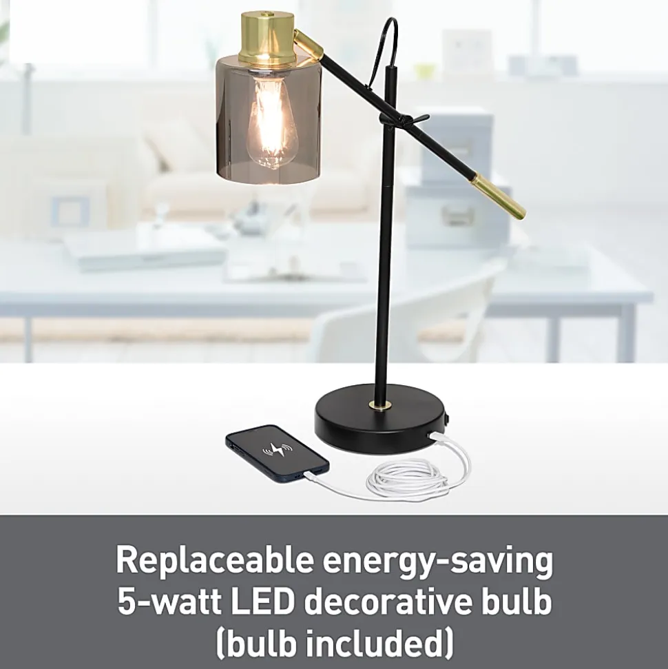 Realspace™ Veretti 23"H Modern Tilt-Arm Lamp, Adjustable, Smokey Gray Shade/Black Base
