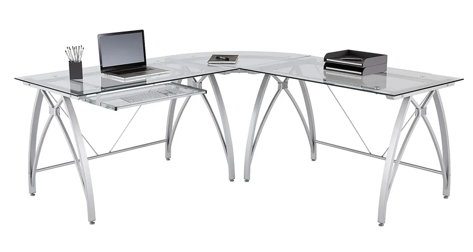 Realspace® Vista Glass 76"W L-Shape Corner Desk, Silver
