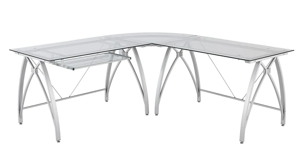 Realspace® Vista Glass 76"W L-Shape Corner Desk, Silver