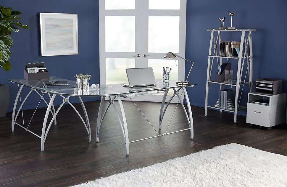 Realspace® Vista Glass 76"W L-Shape Corner Desk, Silver
