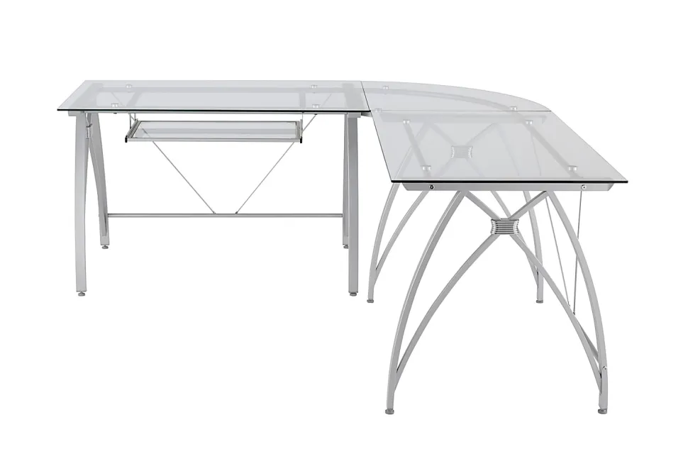 Realspace® Vista Glass 76"W L-Shape Corner Desk, Silver